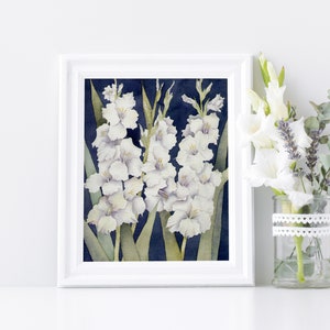 Gladiolus Watercolor Painting, White Gladiolus Art print for home decor wall art image 1