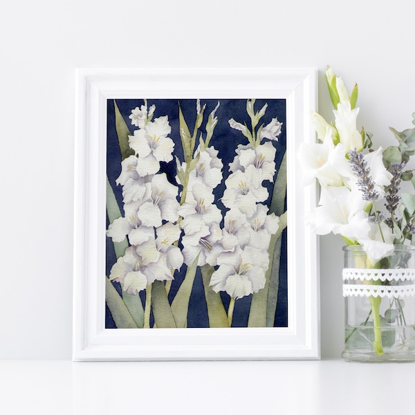 Gladiolus Watercolor Painting, White Gladiolus Art print for home decor wall art