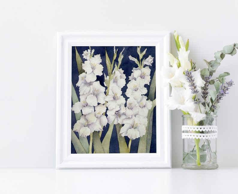 Gladiolus Watercolor Painting, White Gladiolus Art print for home decor wall art image 1