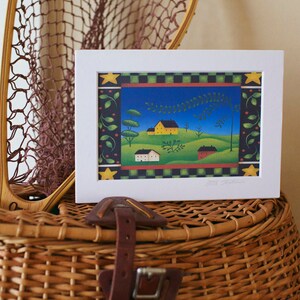 Folk Art Painting, Primitive Art Print, Primitive Houses with Border
