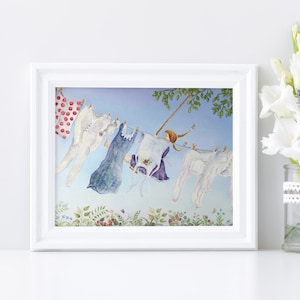 Girl Swinging on Swing - Watercolor art print - laundry art - Clothes hanging on clothesline - Childhood Memories Painting by Beth Stephens