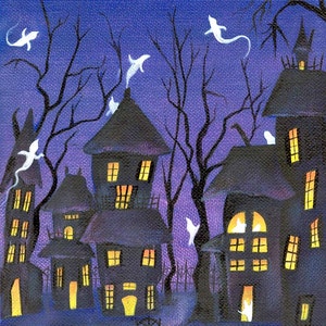 May include: A whimsical Halloween-themed painting depicts a spooky village of dark houses with glowing yellow windows. White ghost figures float among the bare, black tree branches against a deep blue sky. A wooden fence and gate are in the foreground.