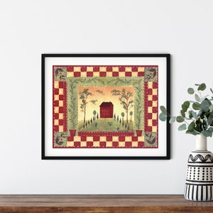 Folk Art Print, Country Home Painting Art Print, Primitive Art Print, Folk Art, Primitive Decor, Red Country House Print