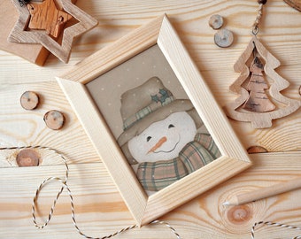 Pintura de muñeco de nieve para Winter Home Decor Art print, Happy Go Lucky Snowman con sombrero y adornos de acebo Art Print