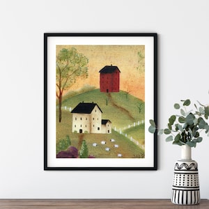 Wall Decor, Primitive Houses  with Sheep, Folk Art Painting, Country Art Print, Country Art Print by Artist Beth Stephens