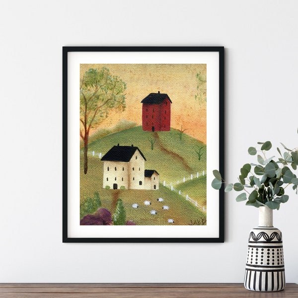 Wall Decor, Primitive Houses  with Sheep, Folk Art Painting, Country Art Print, Country Art Print by Artist Beth Stephens