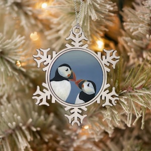 Puffin Ornament, Two Puffins Kissing, Pewter and Snowflake Christmas Tree Ornament, Great Bird Lover Gift!