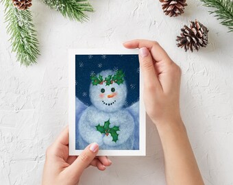 Snowman Blank Note Card, 4.25"x 5.5" Card with Envelope, Snowman with Holly, Snowman Greeting Card