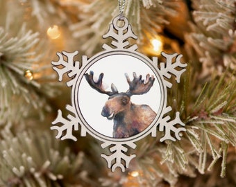 Moose Ornament, Pewter and Snowflake Christmas Tree Ornament, Men's Moose Lover Gift!