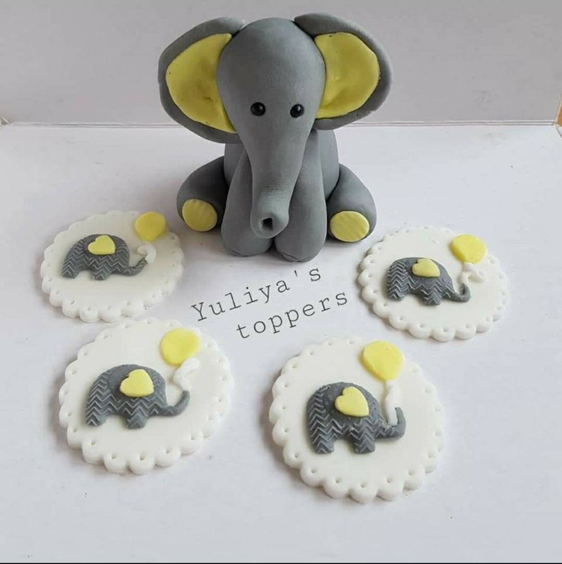 Edible handmade baby elephant cakecupcakes topper,sugarpaste decoration,baptismchristening