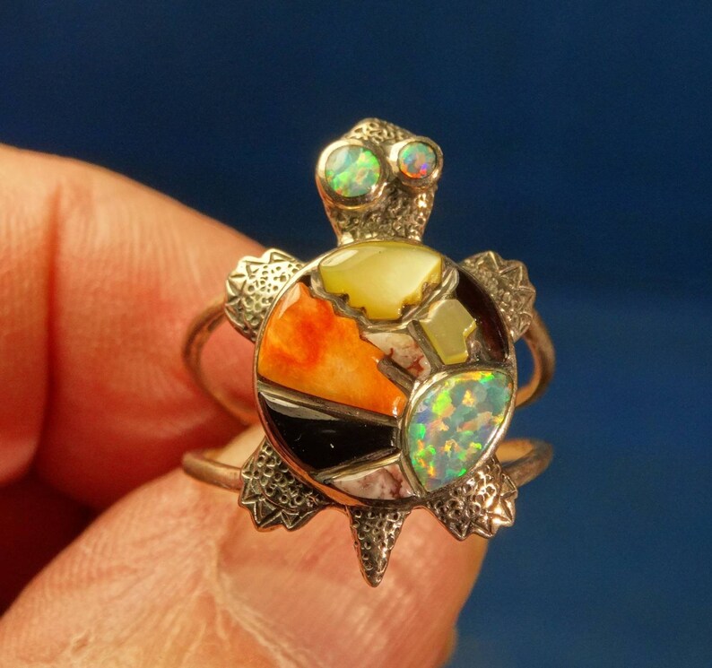 Stunning Black Onyx Mother Of Pearl Opal Kingman Turquoise Oyster Shell 11 Stone Turtle Ring sz6 In 925 Sterling Silver Free US Shipping