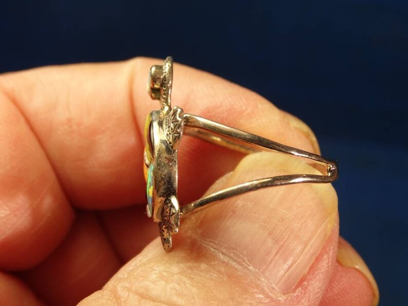 Stunning Black Onyx Mother Of Pearl Opal Kingman Turquoise Oyster Shell 11 Stone Turtle Ring sz6 In 925 Sterling Silver Free US Shipping