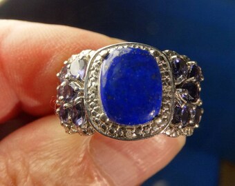 SALE!! Gorgeous Natural Lapis Lazuli Iolite And Diamond Ring 5.38ct 17 Stone sz8 In 925 Sterling Silver Free Domestic Shipping