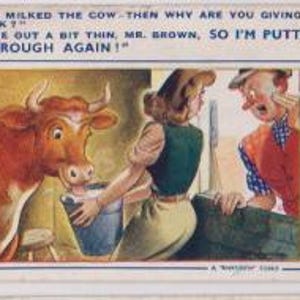 May include: Vintage postcard with a humorous illustration. A cow is drinking from a bucket held by a woman in a green vest and skirt. A man in a hat and vest looks on in surprise. The text reads: "YOU'VE MILKED THE COW THEN WHY ARE YOU GIVING IT BACK?" and "IT CAME OUT A BIT THIN, MR. BROWN, SO I'M PUTTING IT THROUGH AGAIN!"