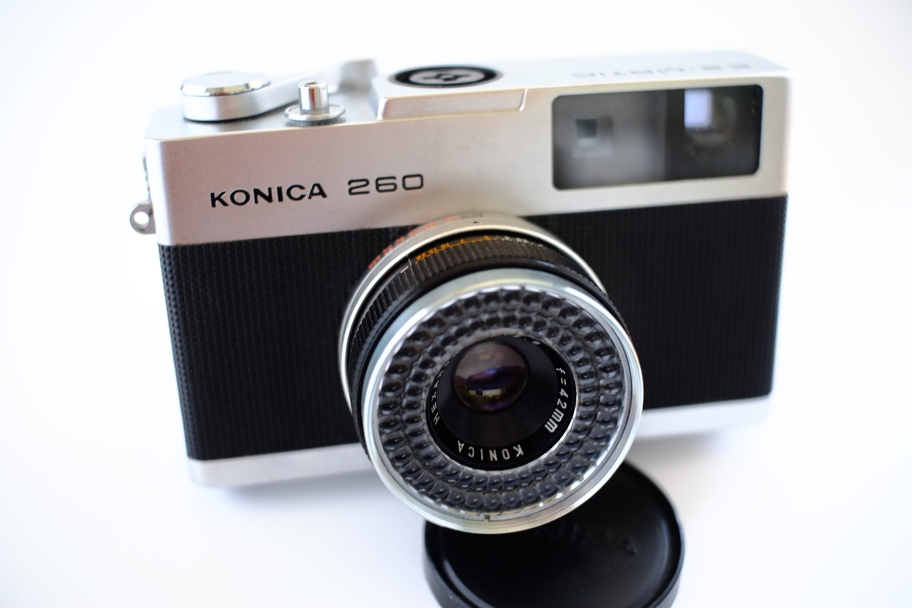 Vintage camera Konica EEMatic Deluxe with Hexanon lens. Made in Japan