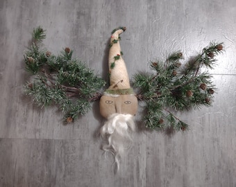 Vintage Handmade Primitive Folk Art Santa Claus on Pine Garland Christmas Wall Hanging Decoration OOAK