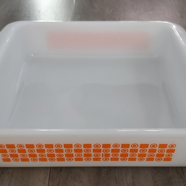 Vintage Glasbake Ovenware Retro White Milk Glass Square 8" Pan w/Orange Circles and Squares #2428