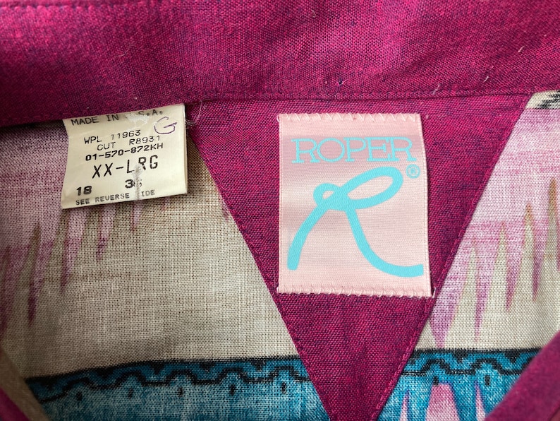 80/'s Roper wild and abstract pink tag country western button down shirt size XX-Large Made in USA.