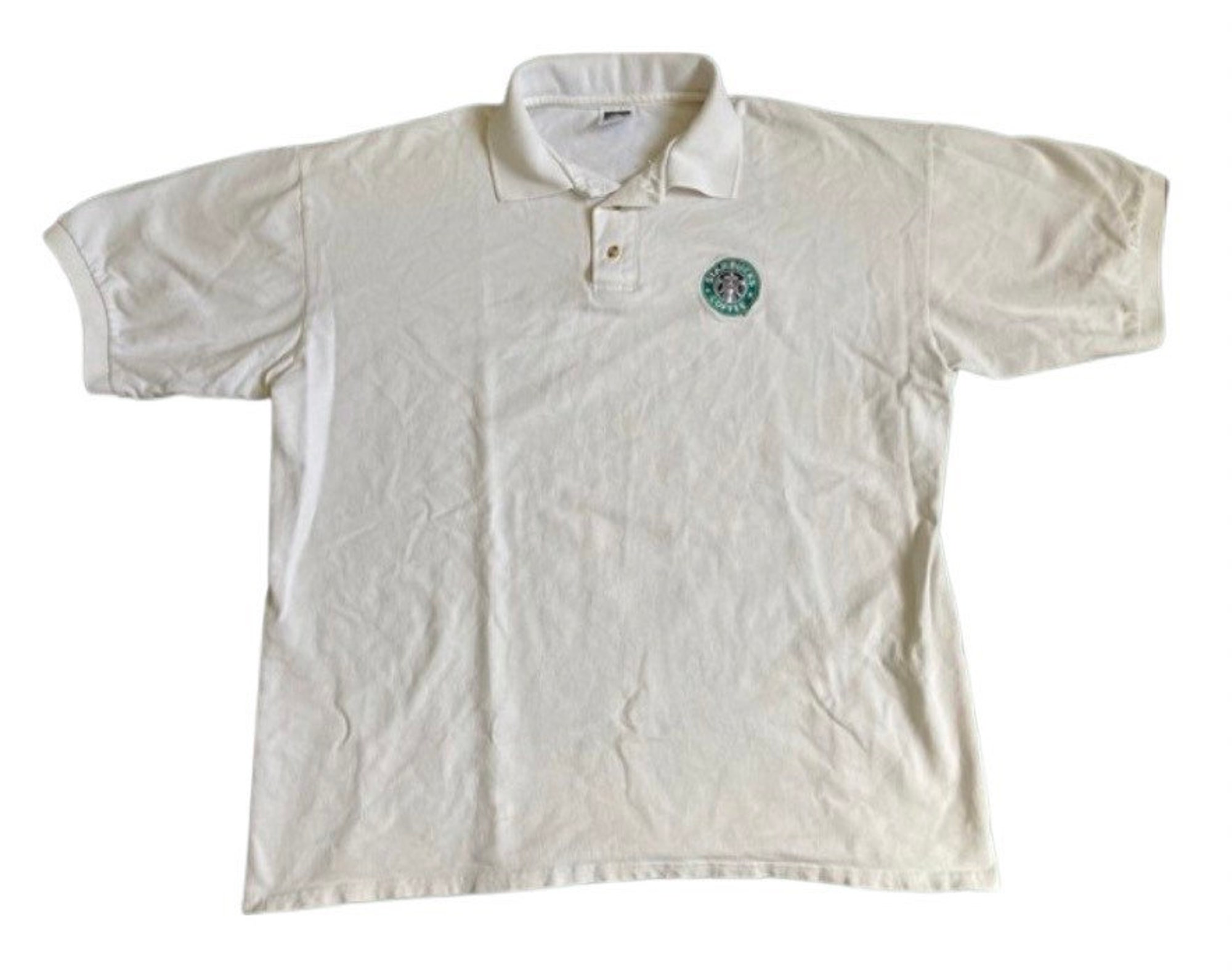 Discover Vintage 2000's era embroidered Starbucks white knit polo shirt