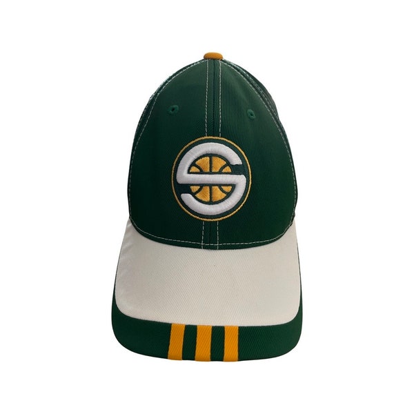 Vintage 2000's NBA Seattle Supersonics Adidas flex fit styled cap. Tag size of Large/XL. Embroidered team logo.