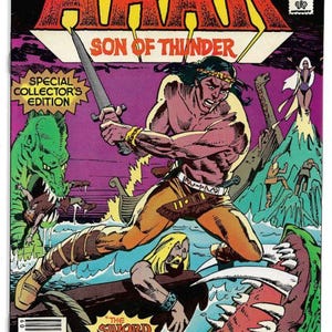 May include: A vintage comic book cover for "Arak, Son of Thunder" features a muscular warrior wielding a sword. The cover art is vibrant with a purple background, a green monster, and the text "Special Collector's Edition."