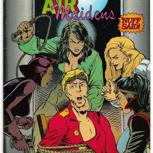 May include: Comic book cover titled "Airboy Versus The Air Maidens." The artwork depicts a man tied up, surrounded by several women. The cover includes the text "Nuff Said!" and the Eclipse Comics logo.