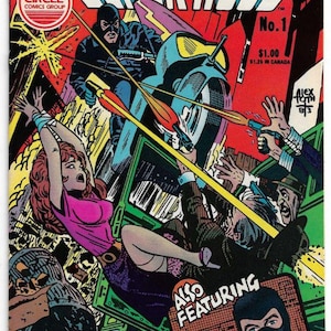 May include: Comic book cover for "The Black Hood" No. 1. The cover features a masked figure on a motorcycle, shooting arrows at people. The comic has a red, black, and green color scheme. The text "The Black Hood" is at the top.