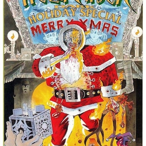 May include: A comic book cover titled Clive Barker's Hellraiser Dark Holiday Special Merry Xmas featuring a character dressed as Santa Claus with a grid-patterned face, holding a puzzle box, standing before a fireplace with flames and toys.