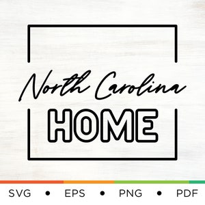 Puede incluir: Diseño gráfico en blanco y negro con un marco cuadrado y el texto "North Carolina HOME" en su interior.