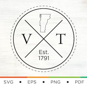 May include: Black and white graphic design of a circle with a cross inside. The circle has a dashed line border. The cross has the letters "V" and "T" at the ends. The state of Vermont is inside the circle. The text "Est. 1791" is below the cross.