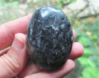Black MOONSTONE Polished Crystal PALM Stone - Norwegian Larvikite!