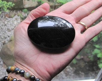 Large Oval BLACK OBSIDIAN Palm Stone ~ Polished CRYSTAL - Earth grounding, Protection, Deep Healing. Great for Root Chakra Work!