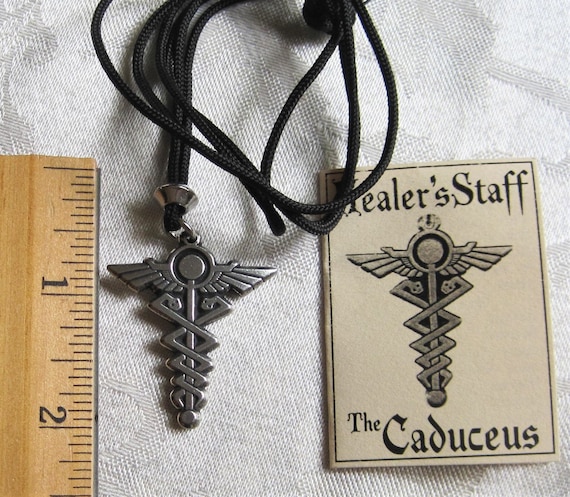 Caduceus Healers staff pewter pendant Symbol of healing and good health