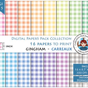 Könnte beinhalten: Digitale Papiersammlung mit 16 Vichy-Mustern in verschiedenen Farben: Rosa, Orange, Gelb, Grün, Blau, Lila und Grau. Jedes Muster ist ein 2,54 cm Quadrat. Das Paket enthält 16 Blätter, je 21,59 x 27,94 cm, 300 DPI, als Sofort-Download.