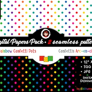 May include: Digital papers pack featuring two seamless patterns with rainbow confetti dots. One pattern has white background, the other has a black background. Each pattern is 12" x 12" and 300 DPI. Instant download.