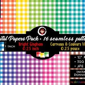 Könnte beinhalten: Digitales Papierpaket mit 16 nahtlosen Mustern, die helle Vichy-Designs zeigen. Die Muster weisen eine Reihe von Farben auf, darunter Rot, Orange, Gelb, Grün, Blau, Lila und Rosa. Jedes Muster ist 30,48 cm x 30,48 cm groß und hat ein 0,64 cm Vichy-Karo.