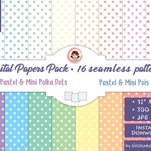 16 Afdrukbare papieren 12 &quot;x 12&quot; voor scrapbooking met stippenpatronen en pastel- en regenboogkleuren, download (DO-10)
