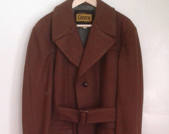 Vintage 1970/'s Cresco Brown Wool Belted Coat Jacket Stitch Detail Sz 40 Mod Dapper