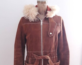 Vintage 70s Leather Jacket Shearling Shawl Collar Belted Wrap