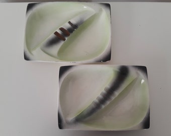 Vintage 1940's Pair Mint Green Art Deco Ceramic Ashtrays Ash Trays Dishes Black Gold Mid Century Lounge