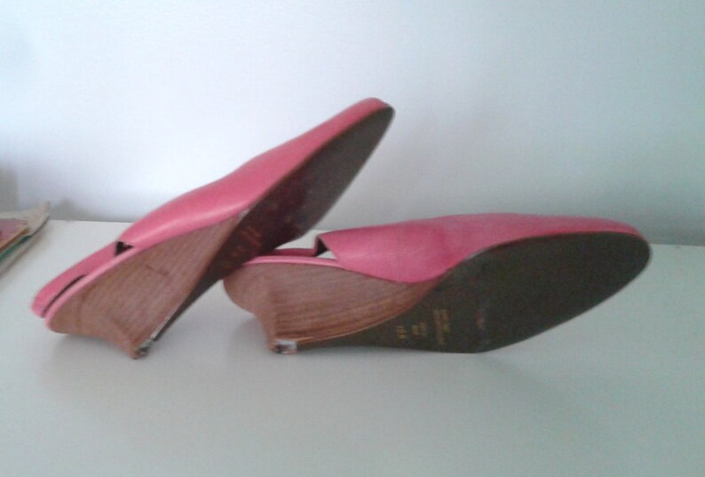 Vintage 1990/'s Bubblegum Pink Leather Open Toe Slingback Wedges Sz 10 Minimalist