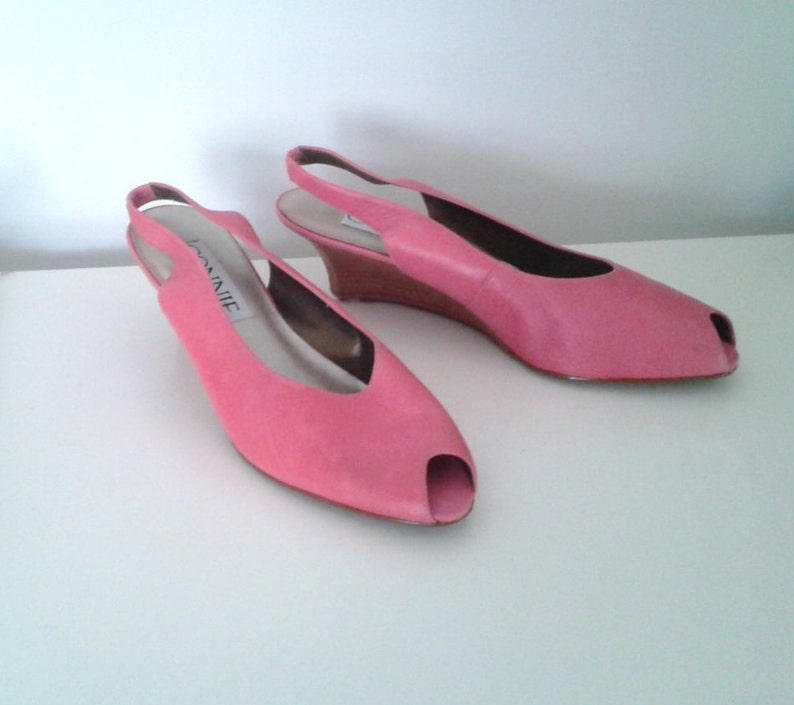 Vintage 1990/'s Bubblegum Pink Leather Open Toe Slingback Wedges Sz 10 Minimalist