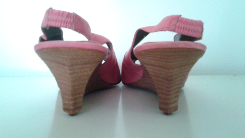 Vintage 1990/'s Bubblegum Pink Leather Open Toe Slingback Wedges Sz 10 Minimalist