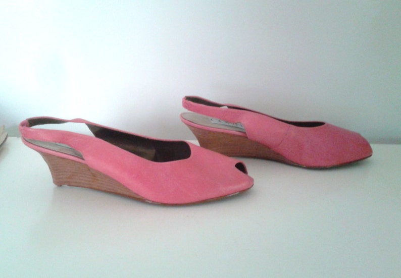 Vintage 1990/'s Bubblegum Pink Leather Open Toe Slingback Wedges Sz 10 Minimalist