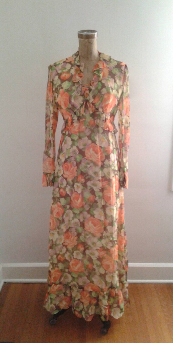 Vintage 1970's Does 1930's Orange Brown Floral Pri