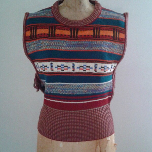 Vintage 1970's Burgundy Teal Striped Southwestern Navajo Sweater Vest Side Ties Sz Small Hippie