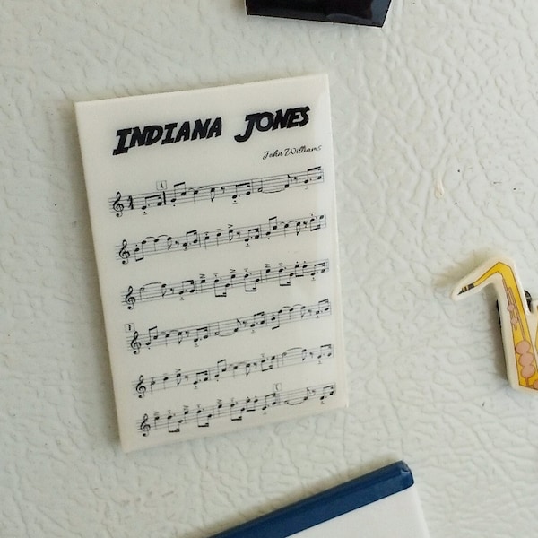 Mini Indiana Jones | Sheet Music Art as a handmade resin fridge magnet | Soundtrack gift for musicians and film score fans