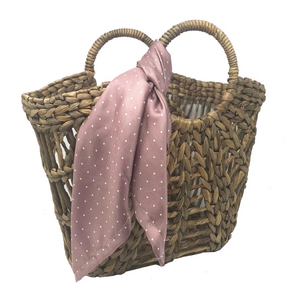 Pink Polka Dot Scarf | Rattan Purse Scarf | Rattan Round Bag Accessory | Rattan Bag Scarf