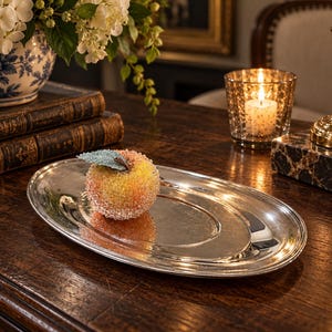 May include: An oval silver-toned metal serving tray with a smooth, reflective surface and a raised rim. Resting on the tray is a decorative apple ornament featuring a textured, multi-colored surface in shades of yellow, orange, and red.