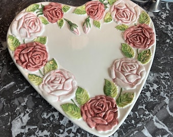 Mojolica Hand Painted Heart Shaped Plate Pink Roses Portugal Valentines